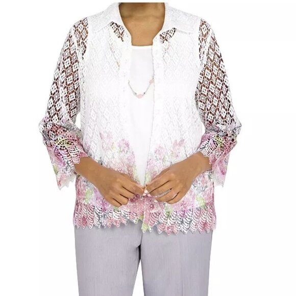 Alfred Dunner English Garden Floral Border Lace Boho Tank Cardigan Top 2in1 - Picture 1 of 8